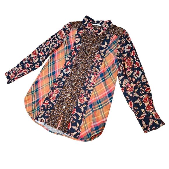 Soft Surroundings Top Tunic Patchwork Flannel Leopard Plaid Floral Button Down M - Picture 4 of 13